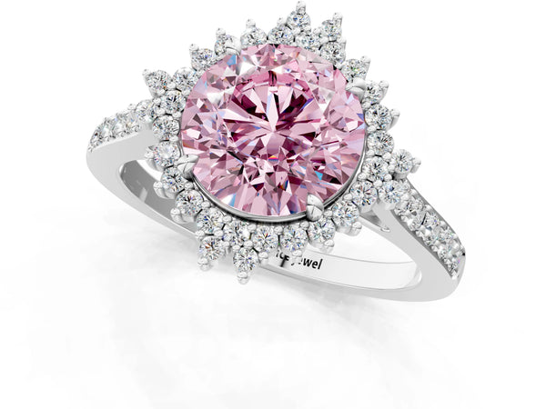 Platinum Fancy Pink Round Cut Cut Diamond Sunburst Halo Engagement Ring with Pavé Band