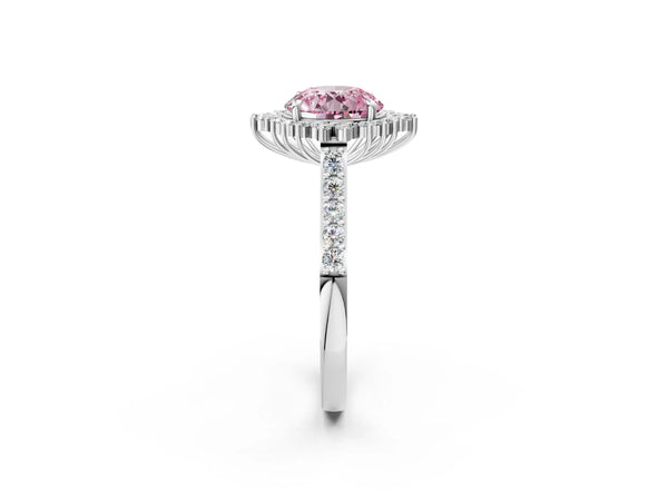 Platinum Fancy Pink Round Cut Cut Diamond Sunburst Halo Engagement Ring with Pavé Band