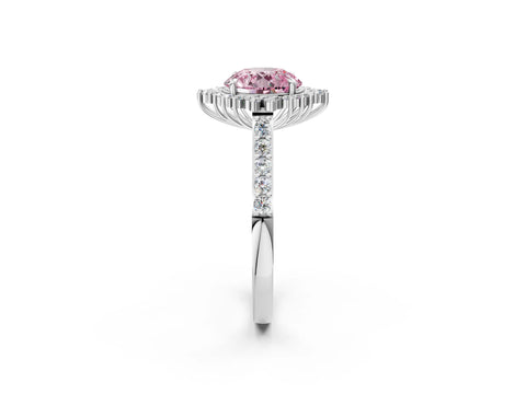 White gold Fancy Pink Round Cut Cut Diamond Sunburst Halo Engagement Ring with Pavé Band_14