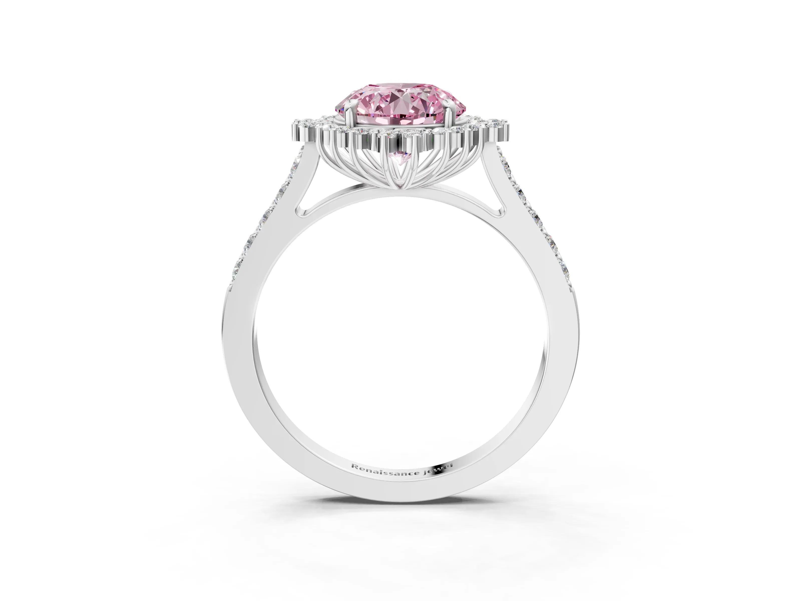 White gold Fancy Pink Round Cut Cut Diamond Sunburst Halo Engagement Ring with Pavé Band_15