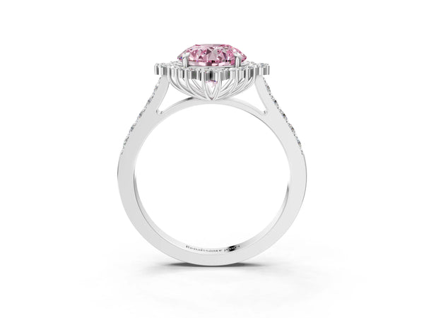 Platinum Fancy Pink Round Cut Cut Diamond Sunburst Halo Engagement Ring with Pavé Band
