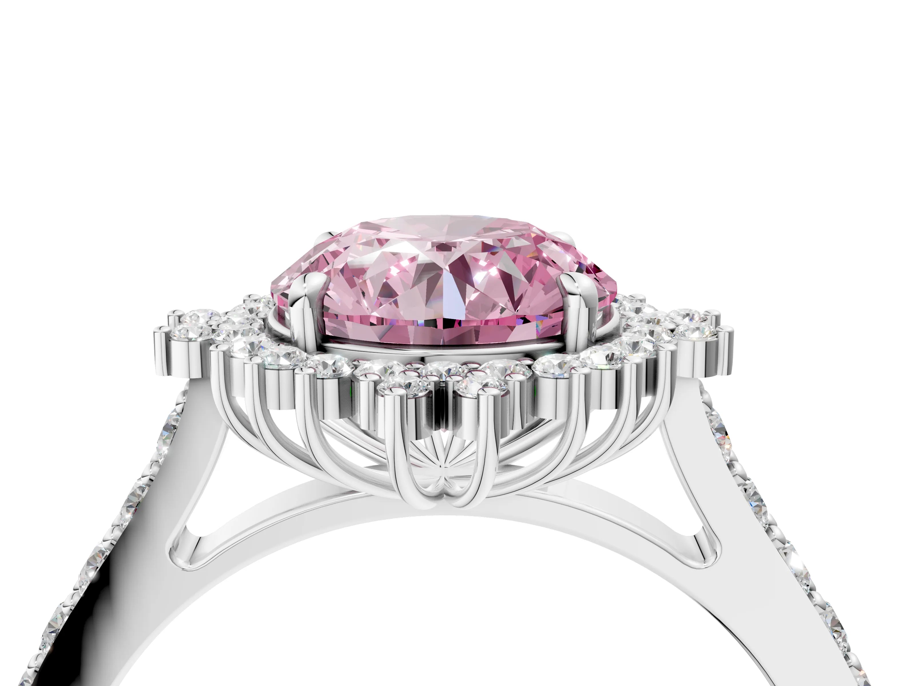 White gold Fancy Pink Round Cut Cut Diamond Sunburst Halo Engagement Ring with Pavé Band_16