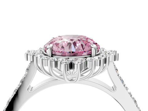 White gold Fancy Pink Round Cut Cut Diamond Sunburst Halo Engagement Ring with Pavé Band_16