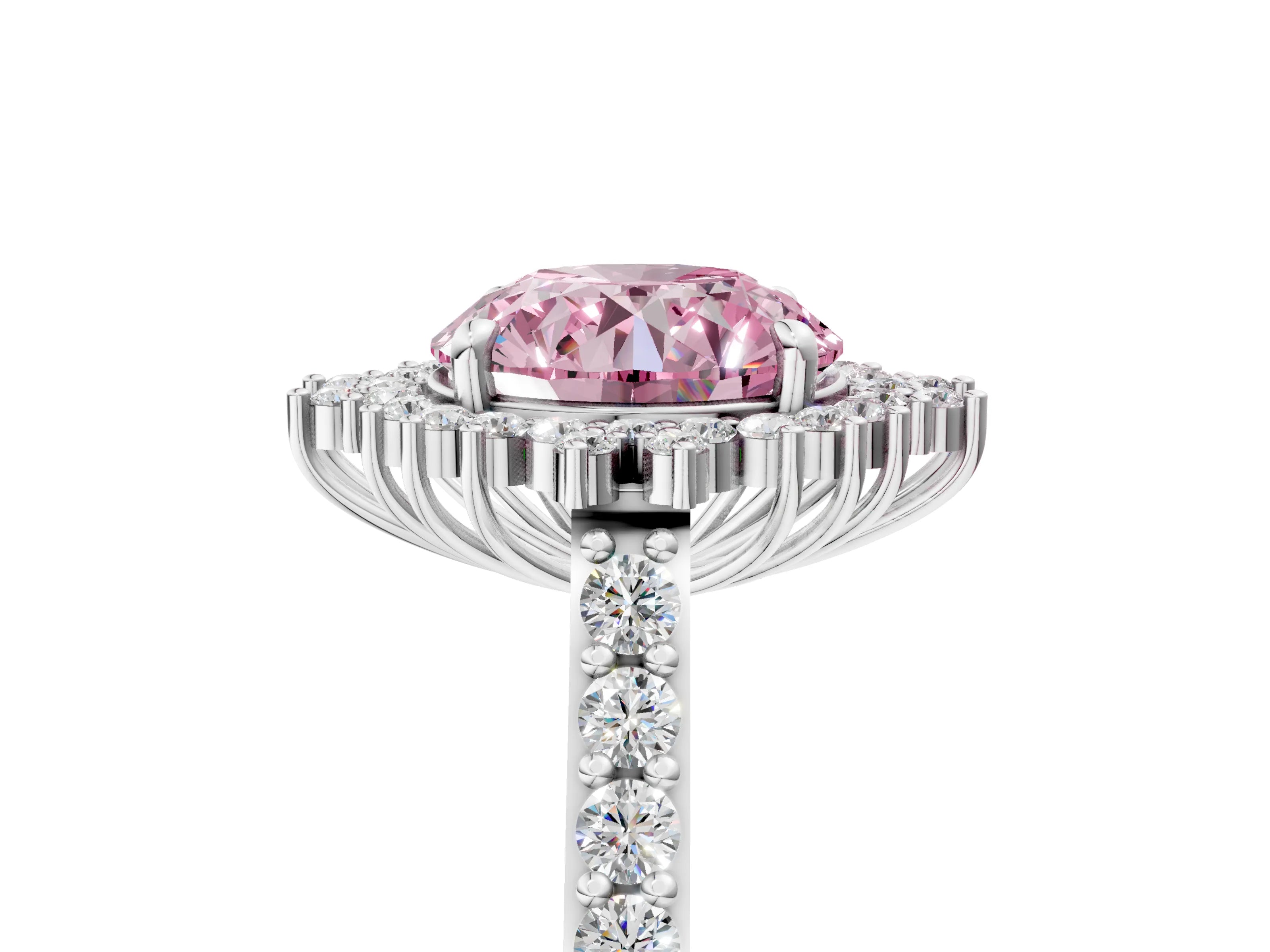 White gold Fancy Pink Round Cut Cut Diamond Sunburst Halo Engagement Ring with Pavé Band_17