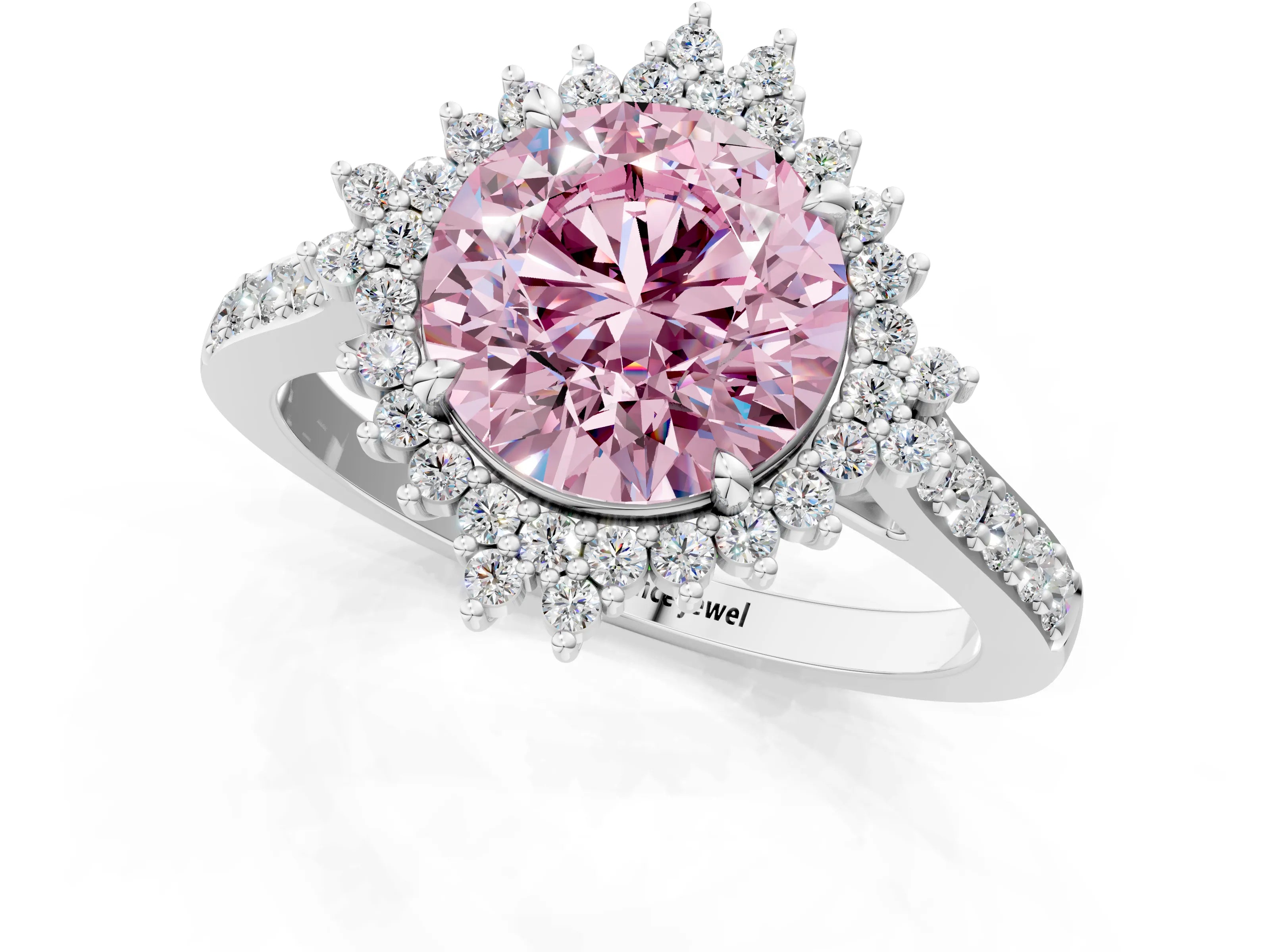 White gold Fancy Pink Round Cut Cut Diamond Sunburst Halo Engagement Ring with Pavé Band_1