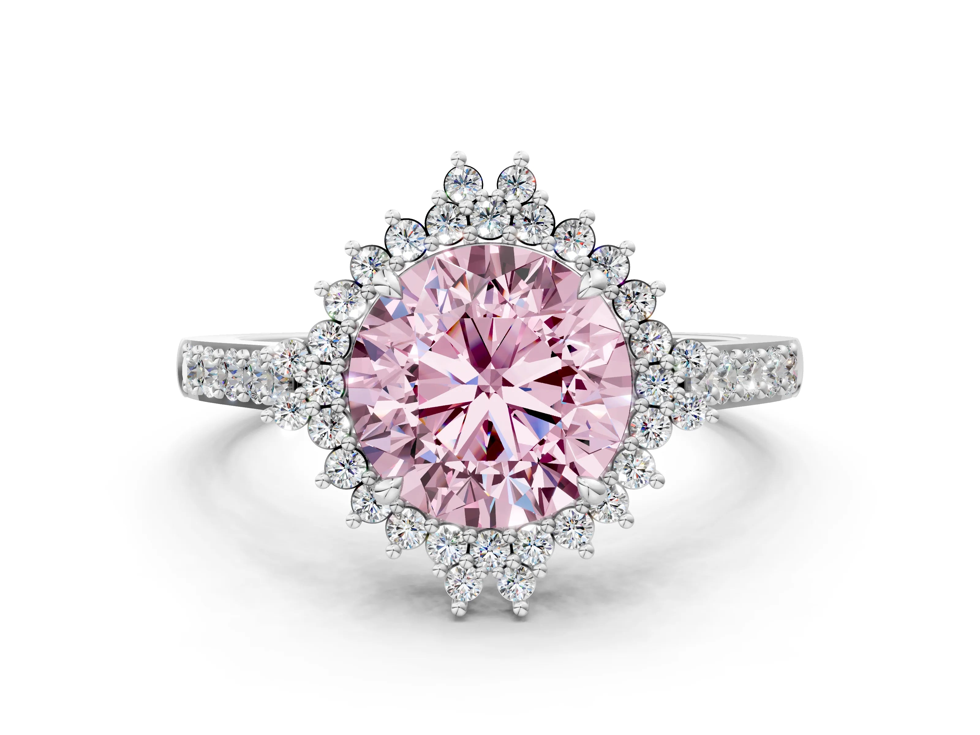 White gold Fancy Pink Round Cut Cut Diamond Sunburst Halo Engagement Ring with Pavé Band