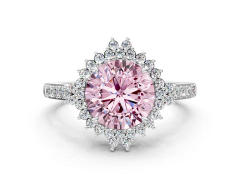 White gold Fancy Pink Round Cut Cut Diamond Sunburst Halo Engagement Ring with Pavé Band