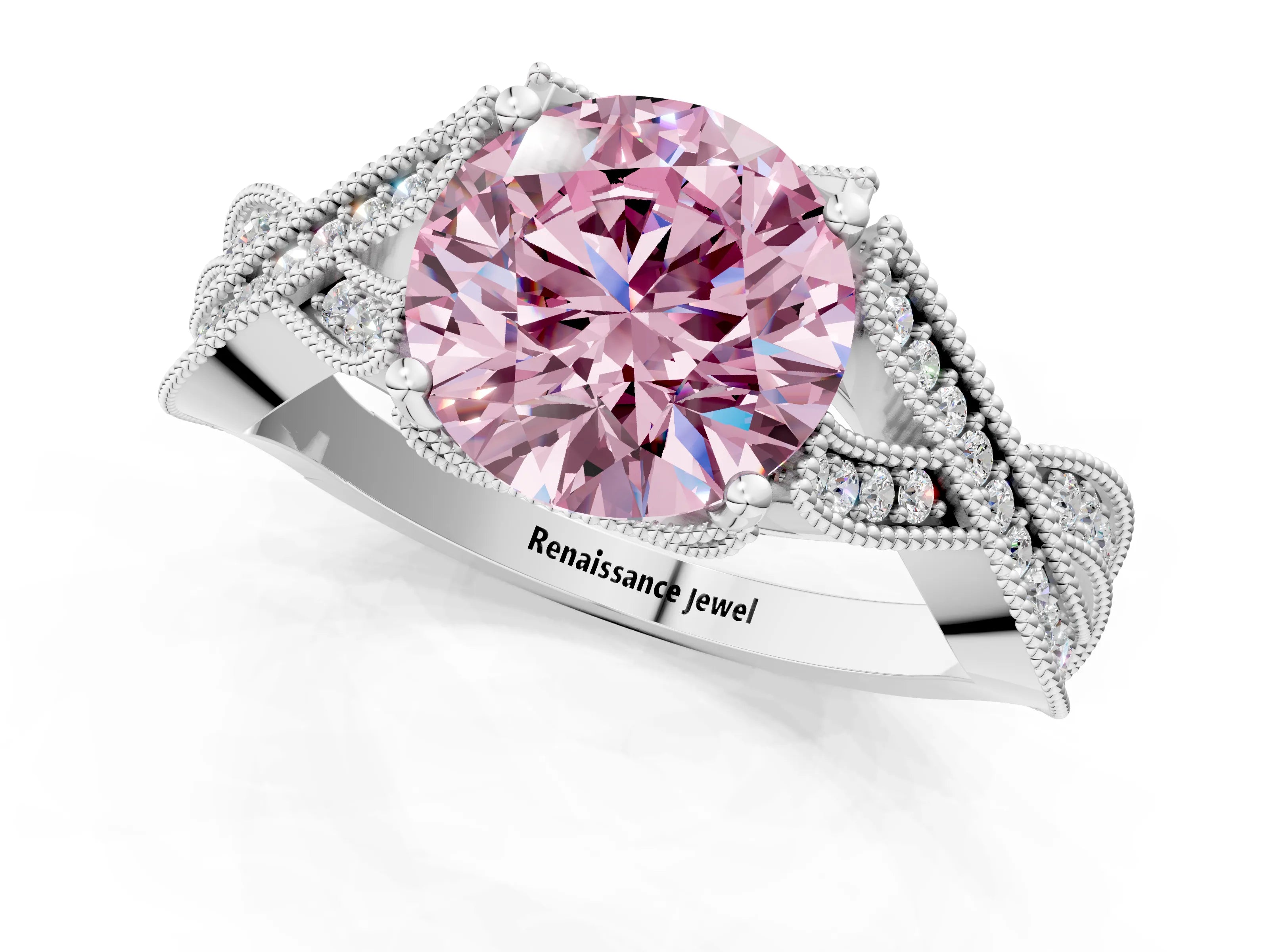 White gold Fancy Pink Round Cut Cut Diamond Twisted Band with Milgrain Pave Setting and Four-Prong Setting_13