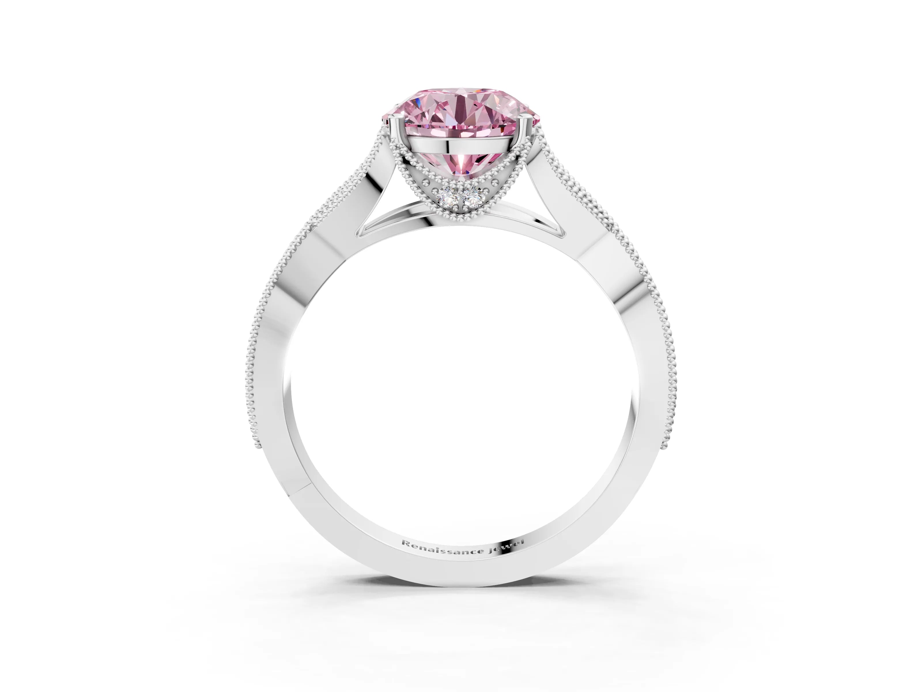 White gold Fancy Pink Round Cut Cut Diamond Twisted Band with Milgrain Pave Setting and Four-Prong Setting_15
