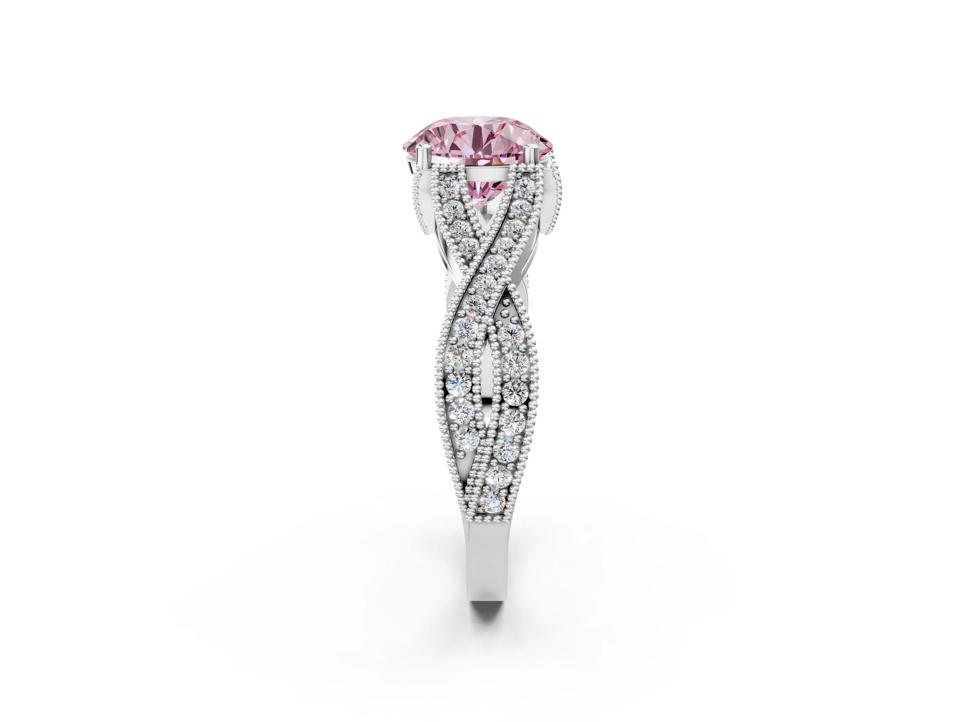 White gold Fancy Pink Round Cut Cut Diamond Twisted Band with Milgrain Pave Setting and Four-Prong Setting_2