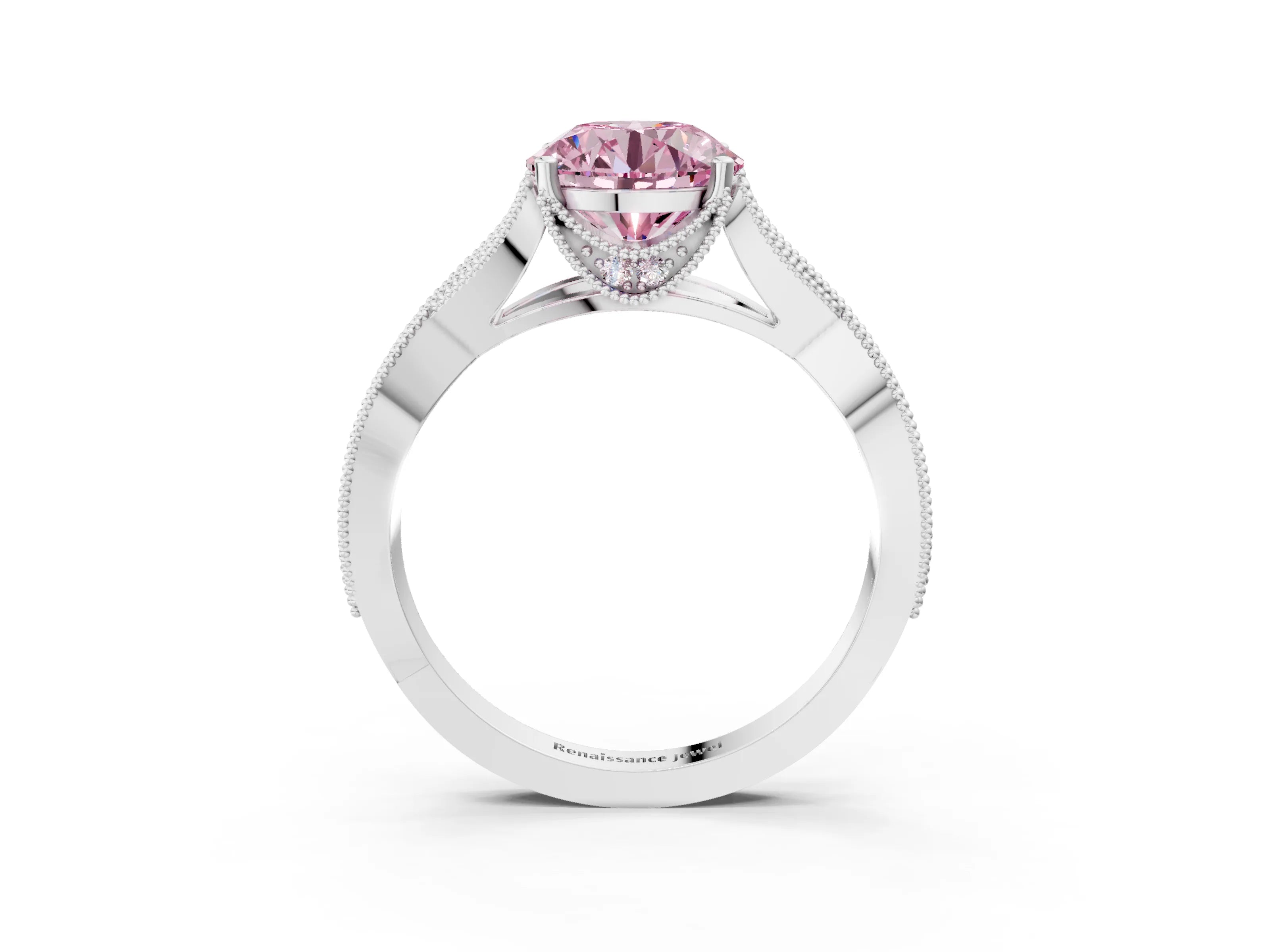 White gold Fancy Pink Round Cut Cut Diamond Twisted Band with Milgrain Pave Setting and Four-Prong Setting_3