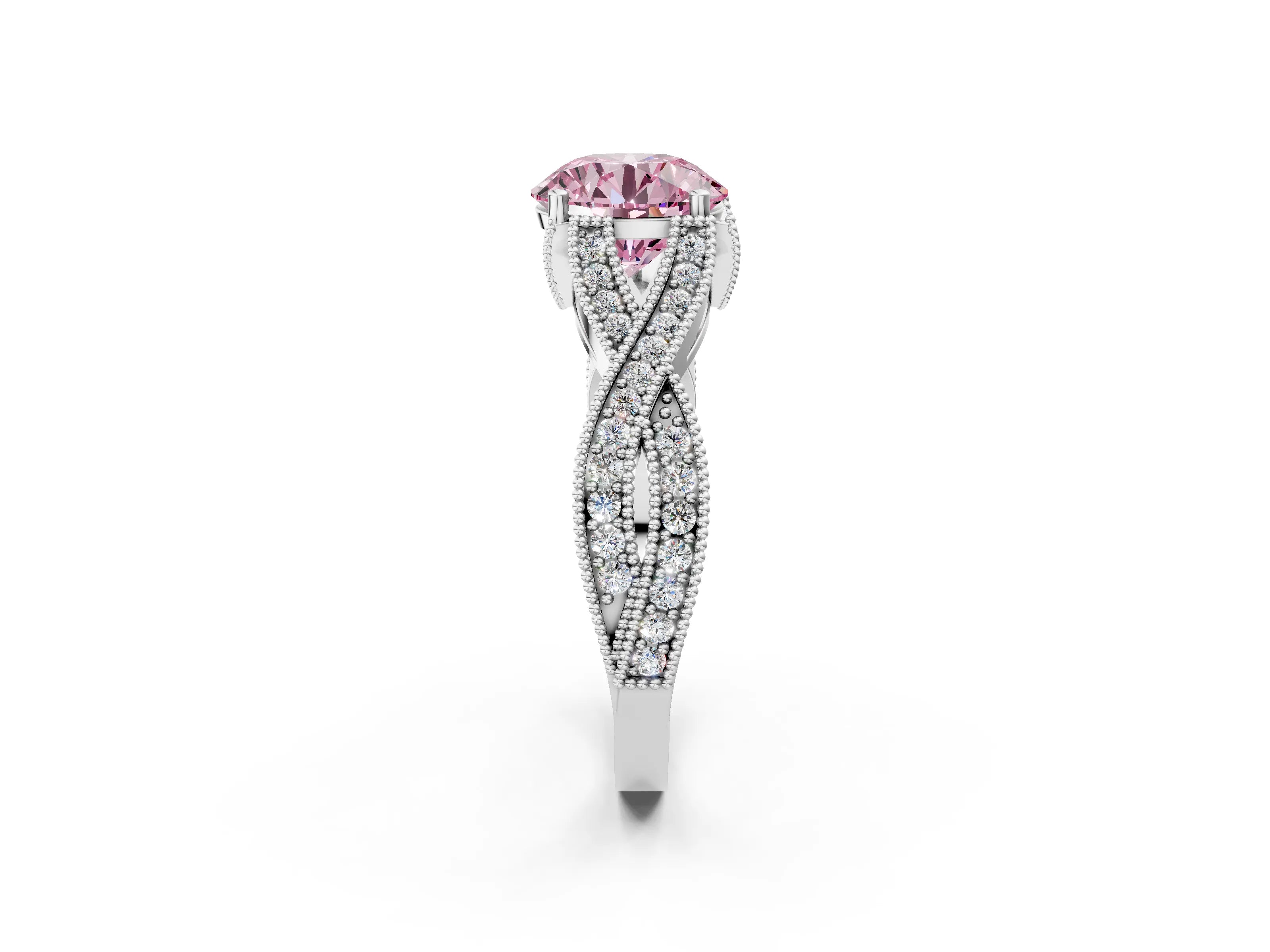 White gold Fancy Pink Round Cut Cut Diamond Twisted Band with Milgrain Pave Setting and Four-Prong Setting_8