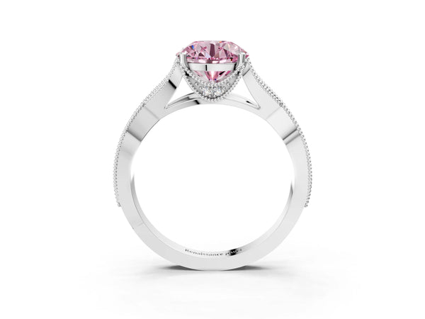 Platinum Fancy Pink Round Cut Cut Diamond Twisted Band with Milgrain Pave Setting and Four-Prong Setting