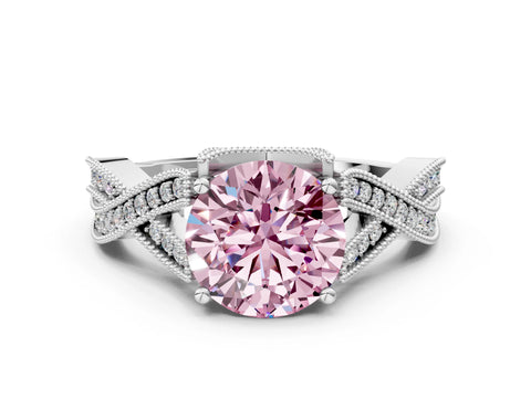 White gold Fancy Pink Round Cut Cut Diamond Twisted Band with Milgrain Pave Setting and Four-Prong Setting
