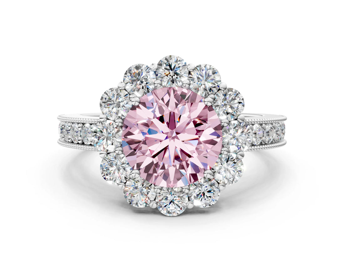 White gold Fancy Pink Round Cut Cut Halo Diamond Pavé Engagement Ring with Milgrain Detailing_12