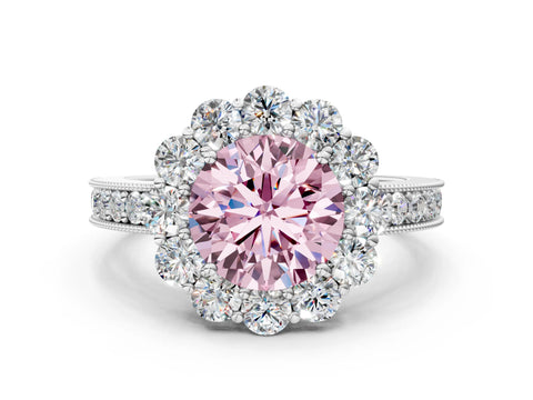 White gold Fancy Pink Round Cut Cut Halo Diamond Pavé Engagement Ring with Milgrain Detailing_12