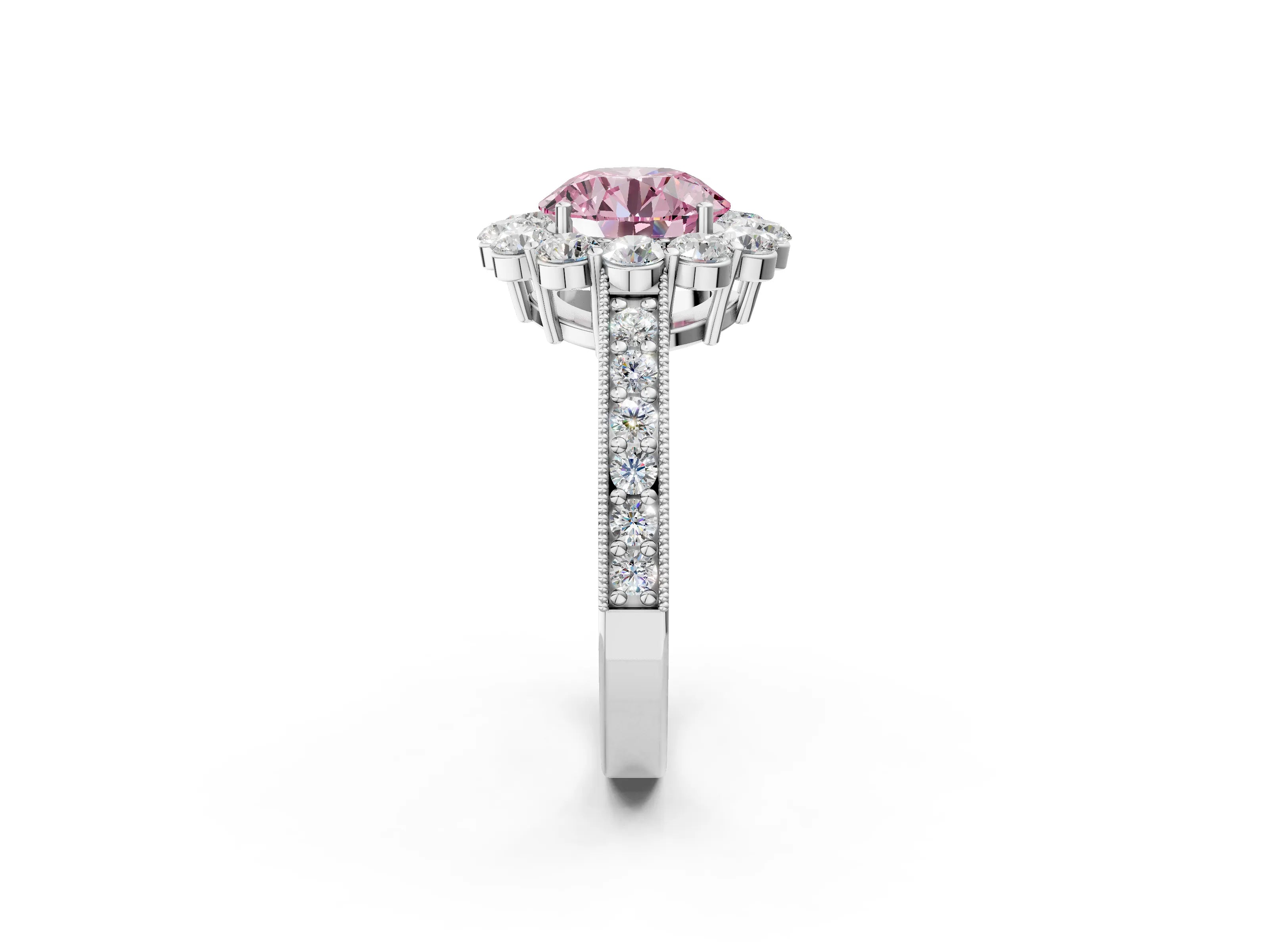 White gold Fancy Pink Round Cut Cut Halo Diamond Pavé Engagement Ring with Milgrain Detailing_14