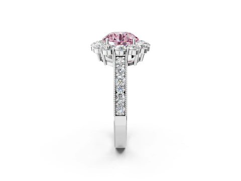 White gold Fancy Pink Round Cut Cut Halo Diamond Pavé Engagement Ring with Milgrain Detailing_14