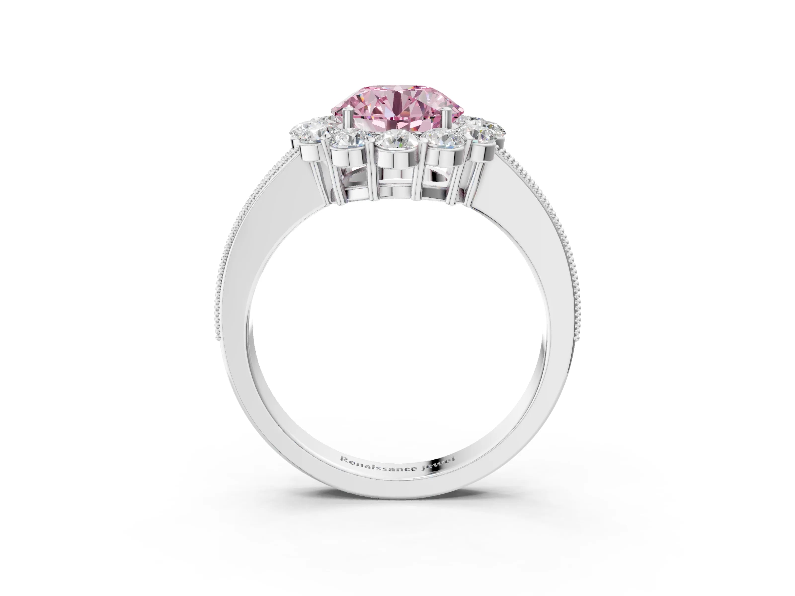 White gold Fancy Pink Round Cut Cut Halo Diamond Pavé Engagement Ring with Milgrain Detailing_15