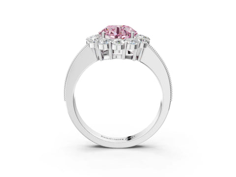 White gold Fancy Pink Round Cut Cut Halo Diamond Pavé Engagement Ring with Milgrain Detailing_15