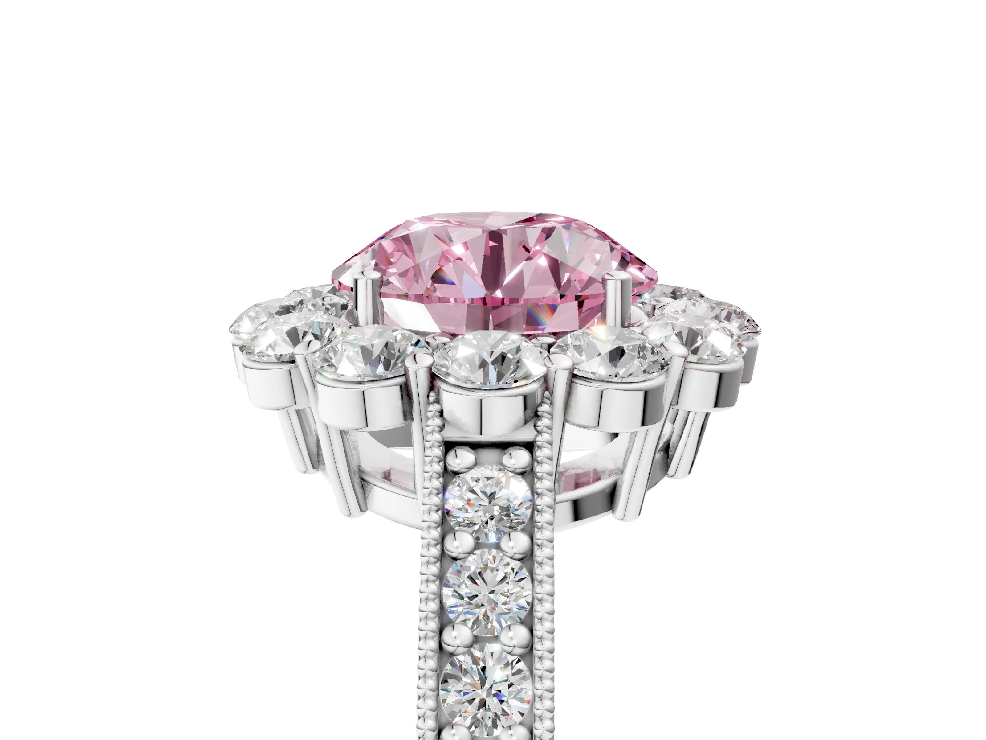White gold Fancy Pink Round Cut Cut Halo Diamond Pavé Engagement Ring with Milgrain Detailing_17