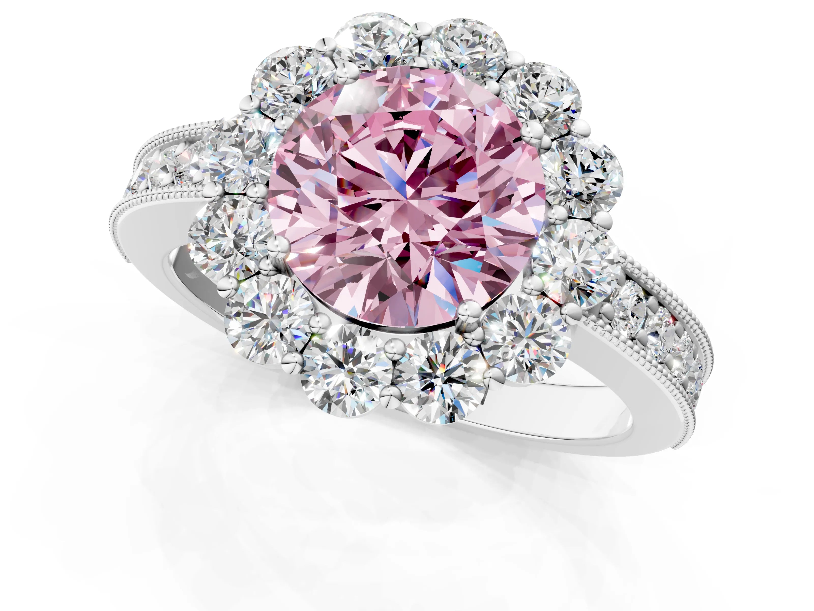 White gold Fancy Pink Round Cut Cut Halo Diamond Pavé Engagement Ring with Milgrain Detailing_1