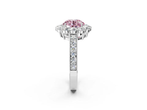 White gold Fancy Pink Round Cut Cut Halo Diamond Pavé Engagement Ring with Milgrain Detailing_2
