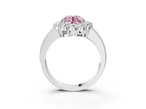 White gold Fancy Pink Round Cut Cut Halo Diamond Pavé Engagement Ring with Milgrain Detailing_3