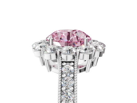 White gold Fancy Pink Round Cut Cut Halo Diamond Pavé Engagement Ring with Milgrain Detailing_5