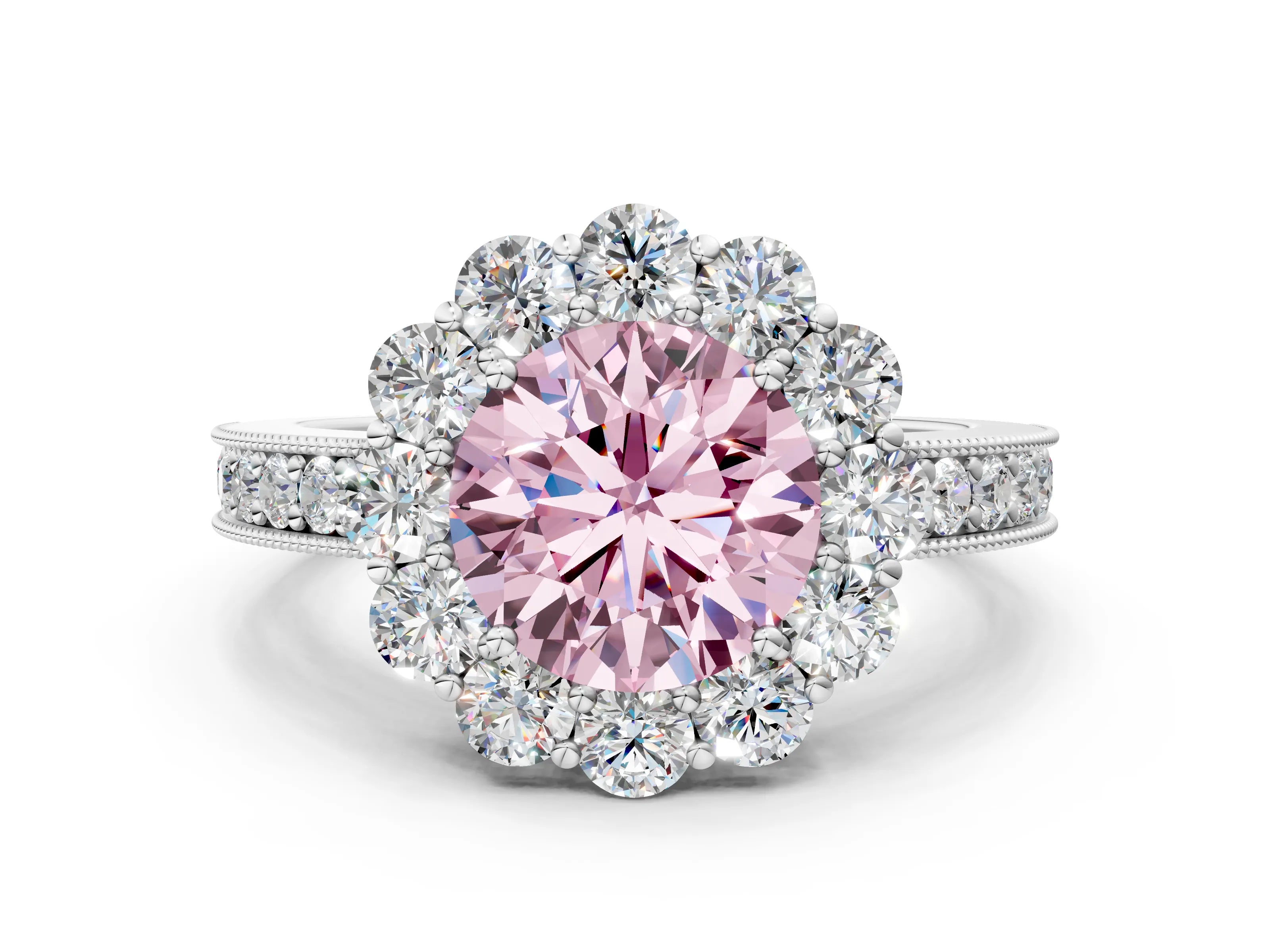 White gold Fancy Pink Round Cut Cut Halo Diamond Pavé Engagement Ring with Milgrain Detailing