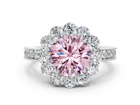 White gold Fancy Pink Round Cut Cut Halo Diamond Pavé Engagement Ring with Milgrain Detailing
