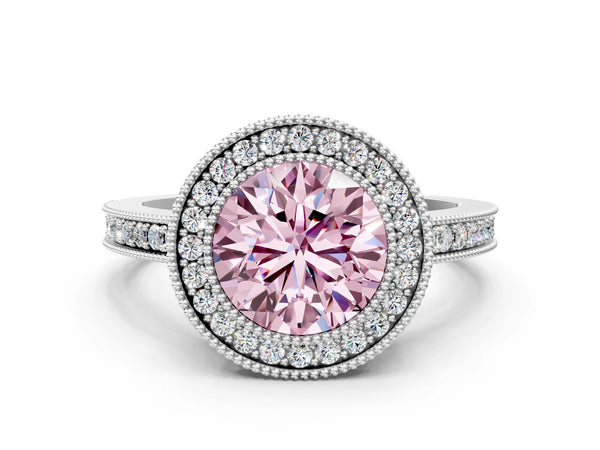 White Gold Round Double Milgrain Halo Engagement Ring Setting for Fancy Pink Center