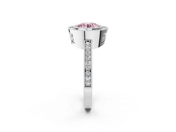 White Gold Round Double Milgrain Halo Engagement Ring Setting for Fancy Pink Center