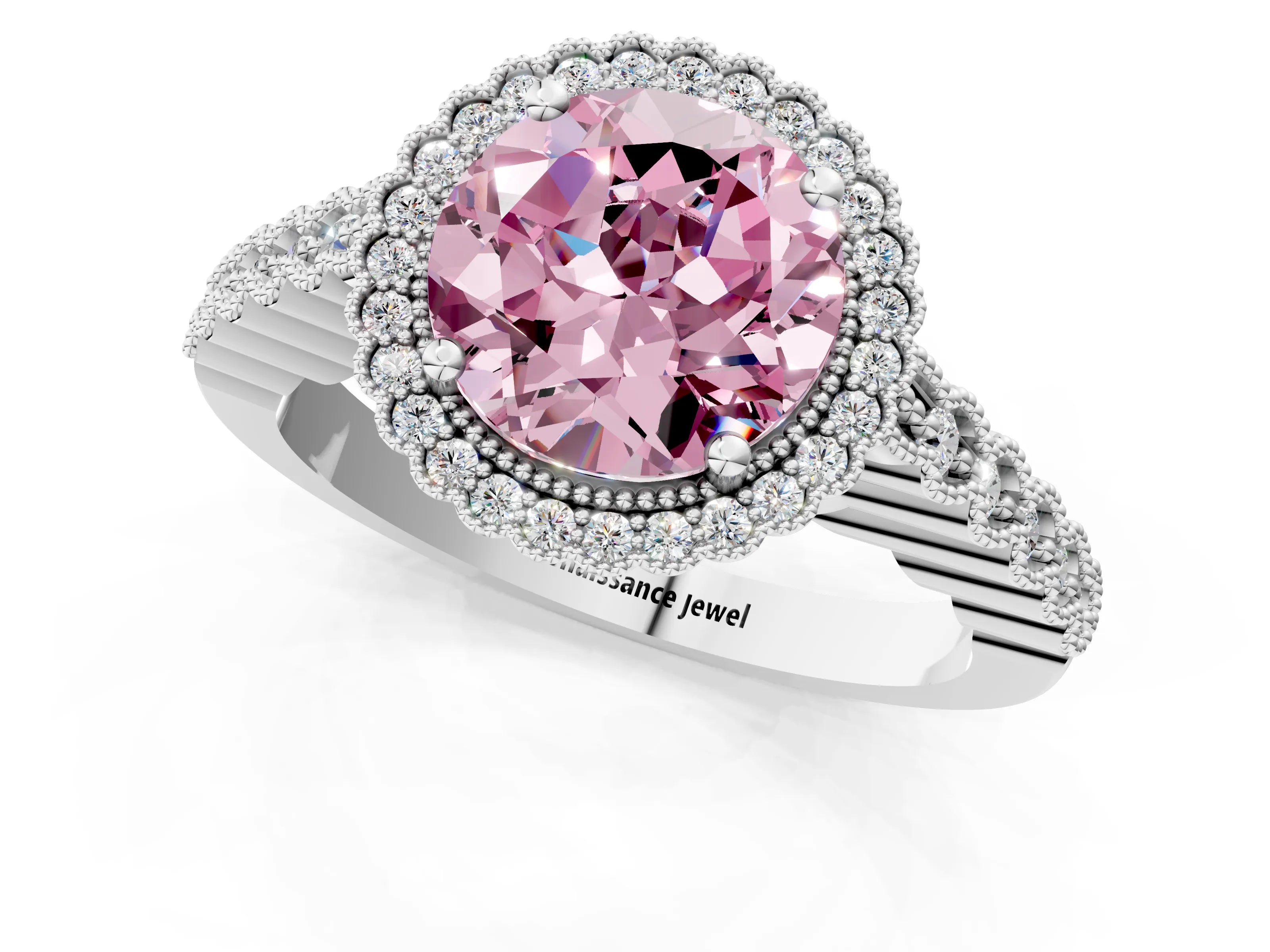 White gold Fancy Pink Round Cut Cut Halo Pavé Solitaire Ring with Milgrain Band_1