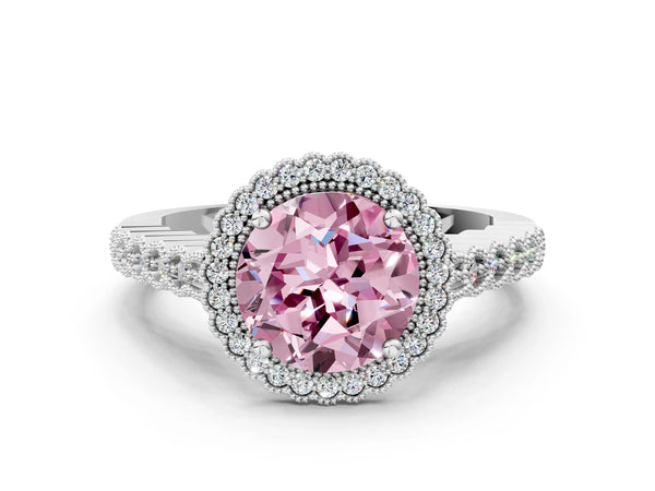Platinum Fancy Pink Round Cut Cut Halo Pavé Solitaire Ring with Milgrain Band