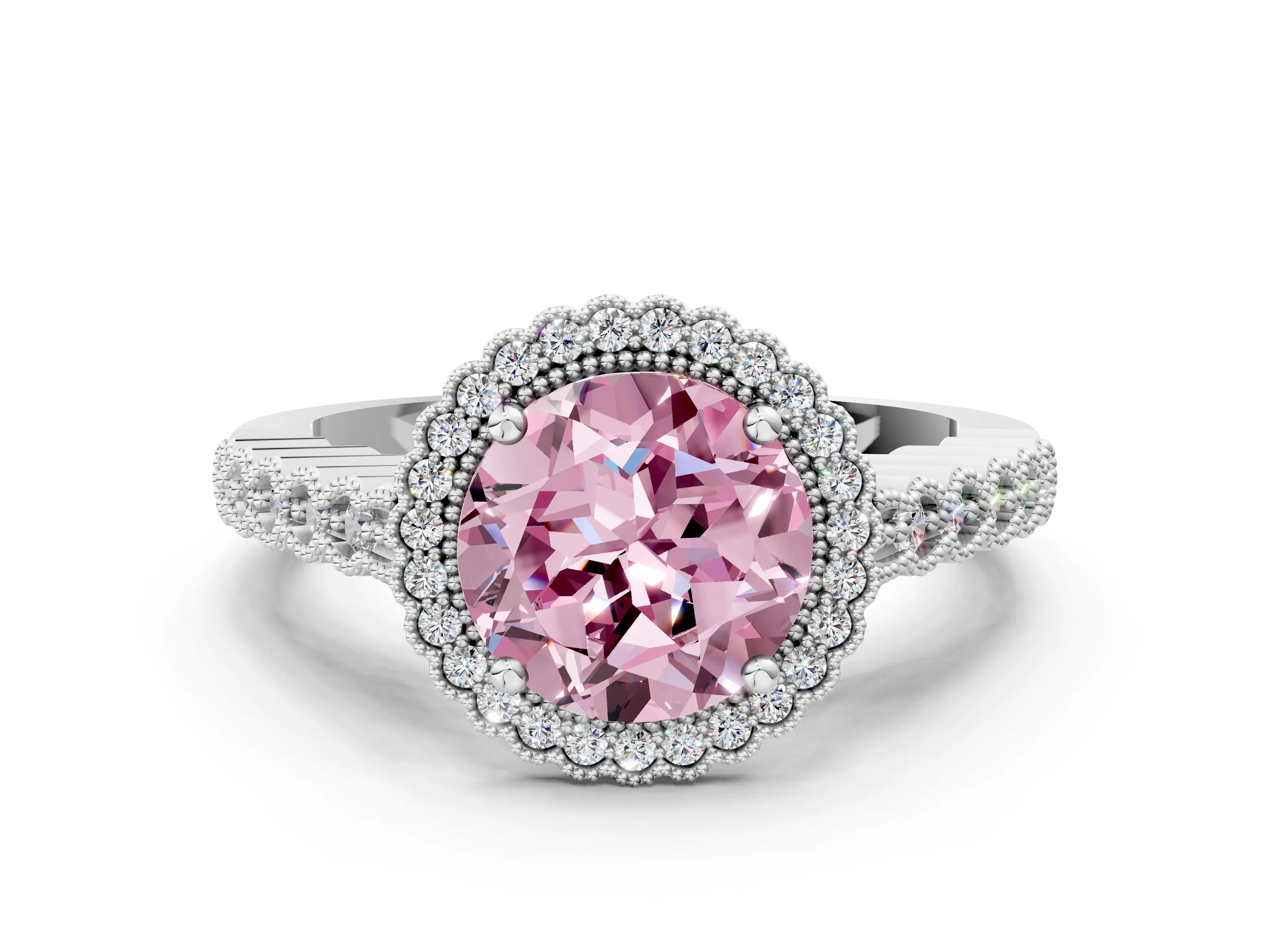 White gold Fancy Pink Round Cut Cut Halo Pavé Solitaire Ring with Milgrain Band_12