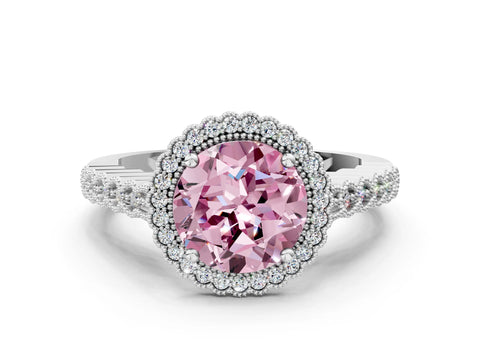White gold Fancy Pink Round Cut Cut Halo Pavé Solitaire Ring with Milgrain Band_12