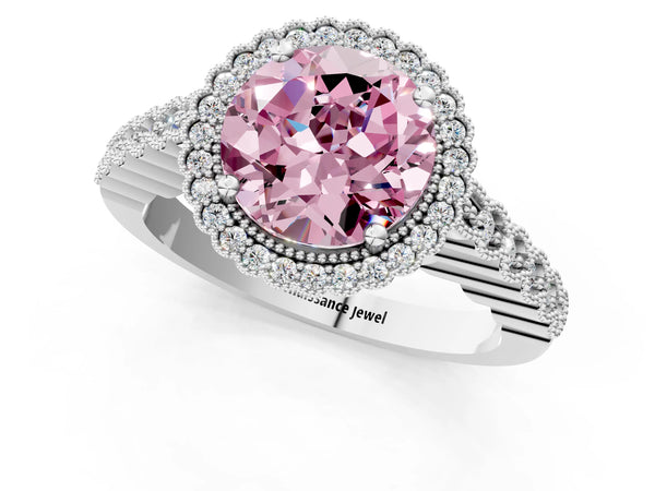 Platinum Fancy Pink Round Cut Cut Halo Pavé Solitaire Ring with Milgrain Band
