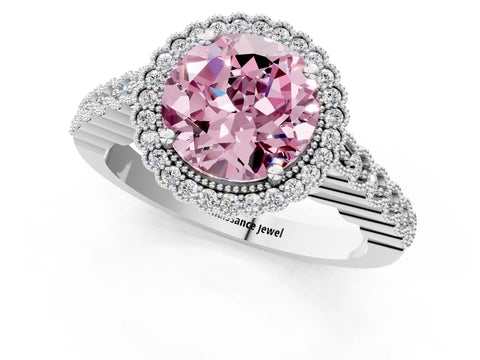 White gold Fancy Pink Round Cut Cut Halo Pavé Solitaire Ring with Milgrain Band_13