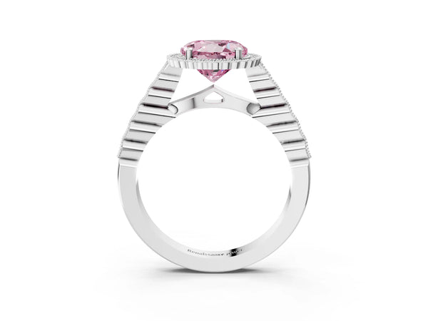 Platinum Fancy Pink Round Cut Cut Halo Pavé Solitaire Ring with Milgrain Band