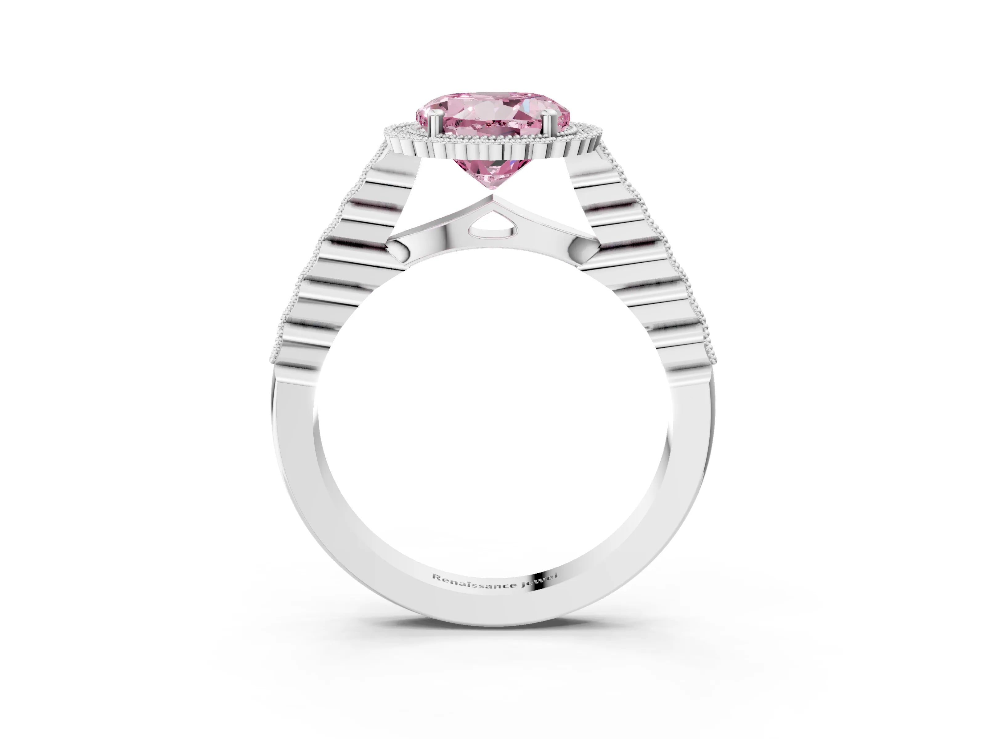 White gold Fancy Pink Round Cut Cut Halo Pavé Solitaire Ring with Milgrain Band_15