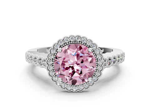 White gold Fancy Pink Round Cut Cut Halo Pavé Solitaire Ring with Milgrain Band