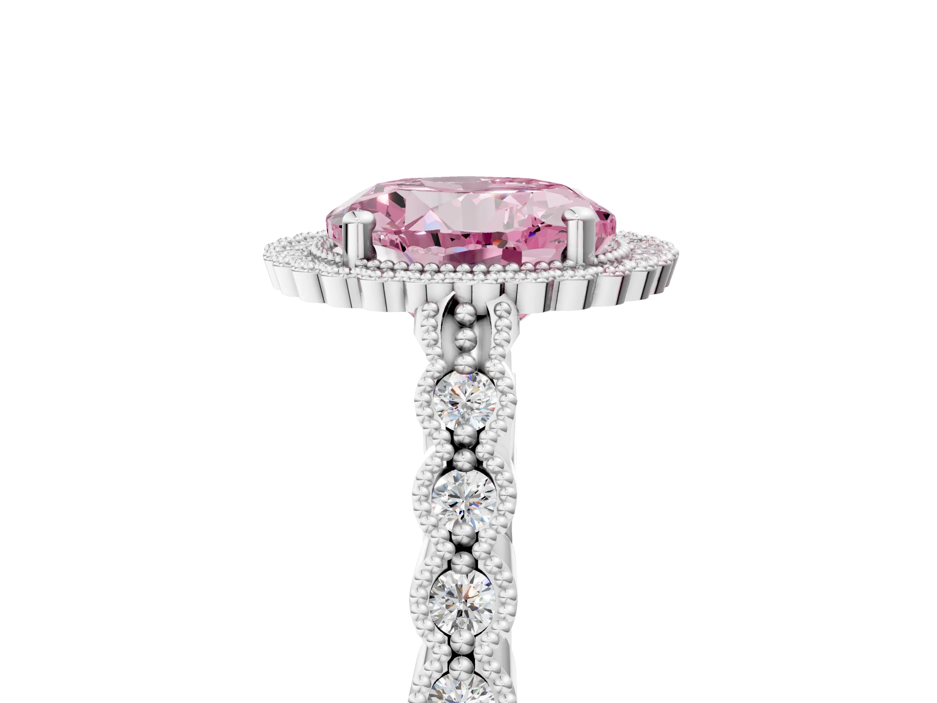 White gold Fancy Pink Round Cut Cut Halo Pavé Solitaire Ring with Milgrain Band_17
