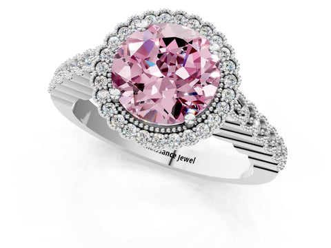 White gold Fancy Pink Round Cut Cut Halo Pavé Solitaire Ring with Milgrain Band_1