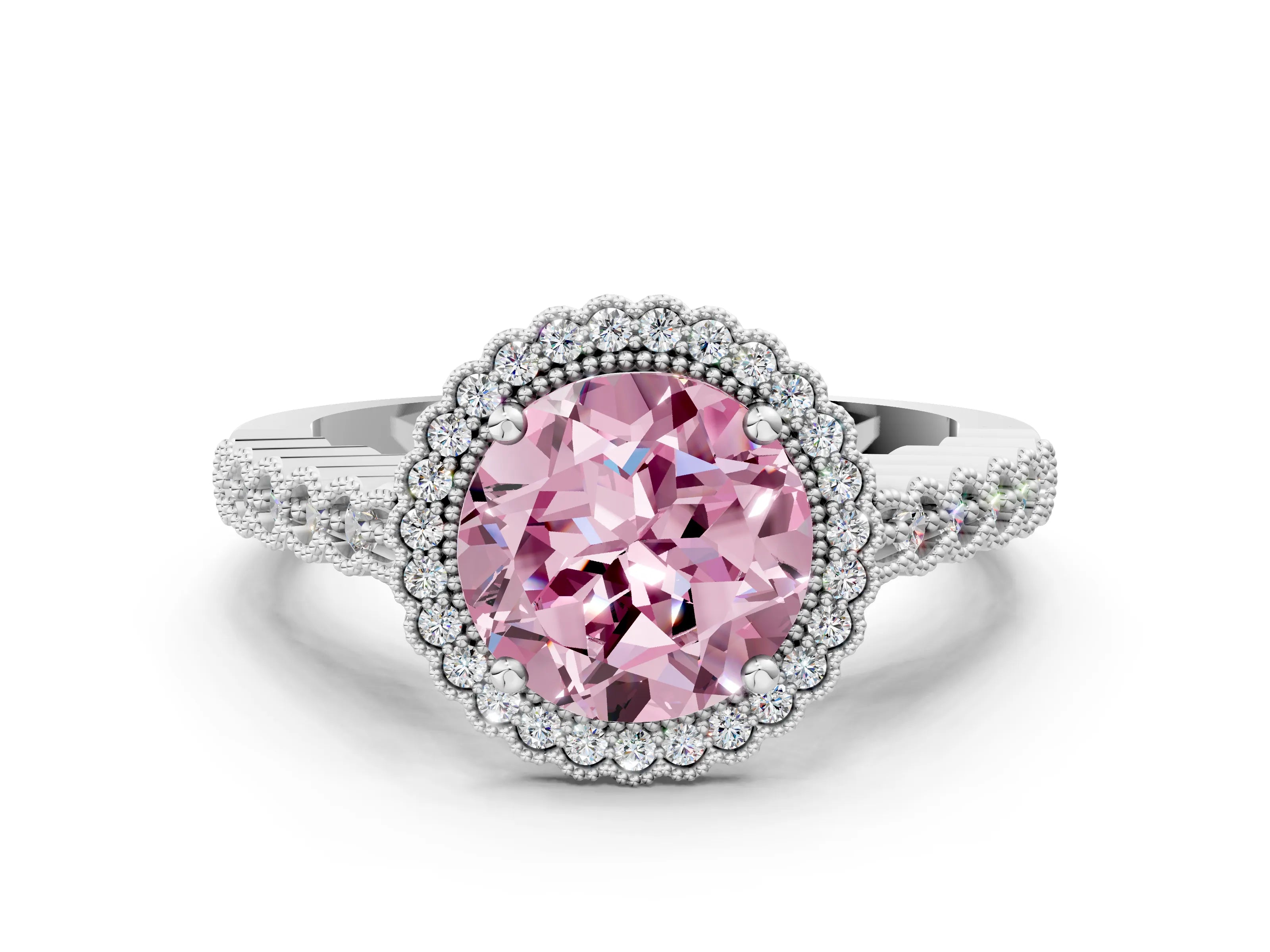 White gold Fancy Pink Round Cut Cut Halo Pavé Solitaire Ring with Milgrain Band