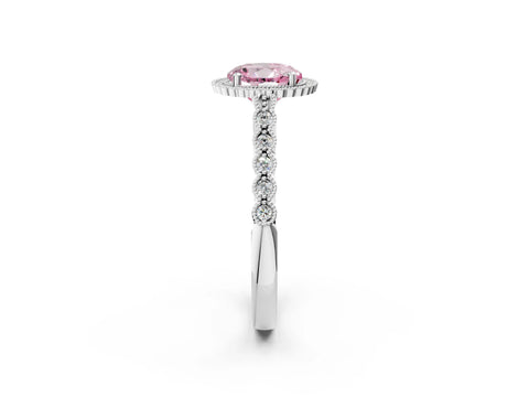 White gold Fancy Pink Round Cut Cut Halo Pavé Solitaire Ring with Milgrain Band_2