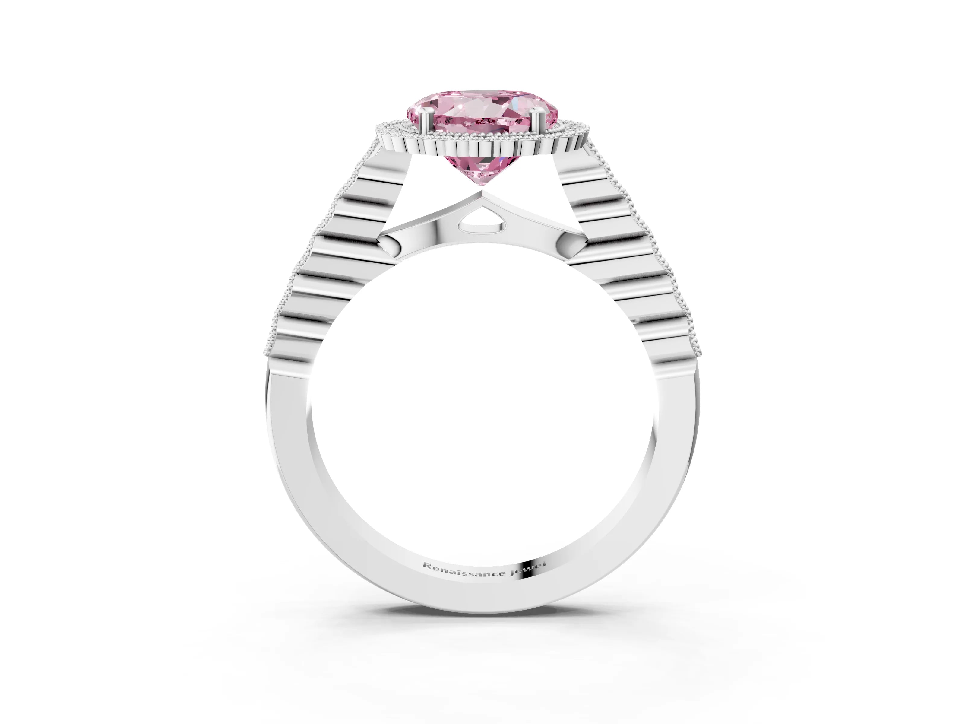 White gold Fancy Pink Round Cut Cut Halo Pavé Solitaire Ring with Milgrain Band_3