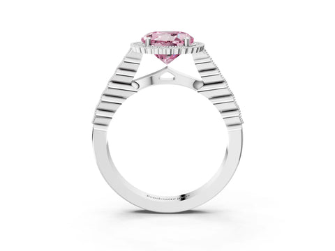 White gold Fancy Pink Round Cut Cut Halo Pavé Solitaire Ring with Milgrain Band_3