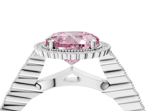 White gold Fancy Pink Round Cut Cut Halo Pavé Solitaire Ring with Milgrain Band_4