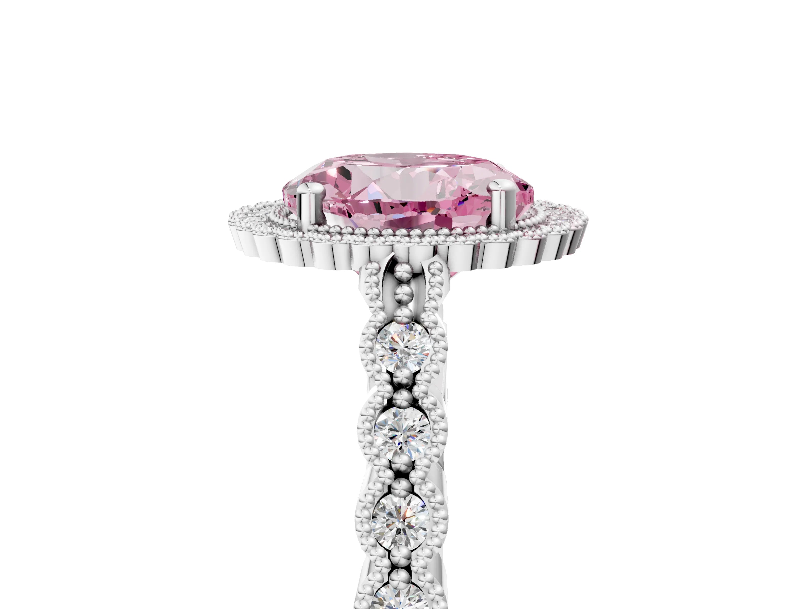 White gold Fancy Pink Round Cut Cut Halo Pavé Solitaire Ring with Milgrain Band_5